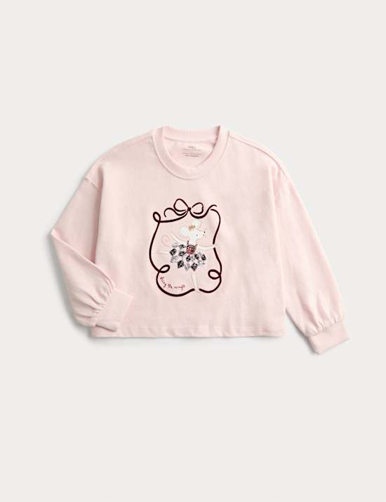 Pure Cotton Sequin Mouse Graphic T-Shirt (2-8 Yrs)