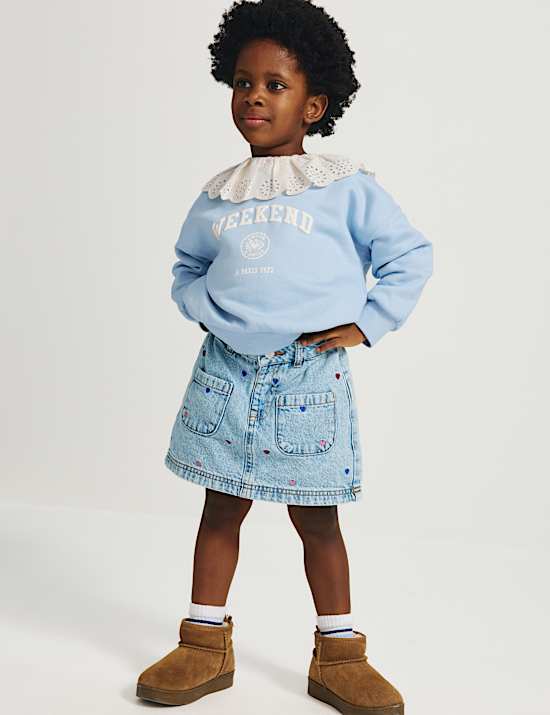 Cotton Rich Broderie Collar Sweatshirt (2-8 Yrs)