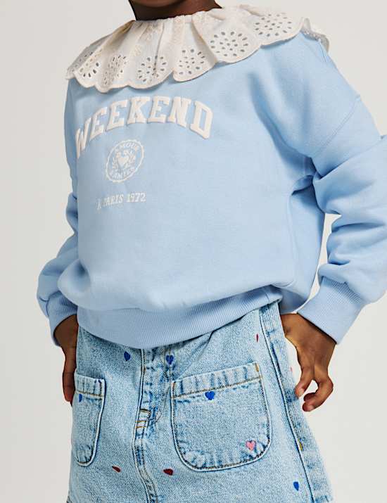 Cotton Rich Broderie Collar Sweatshirt (2-8 Yrs)