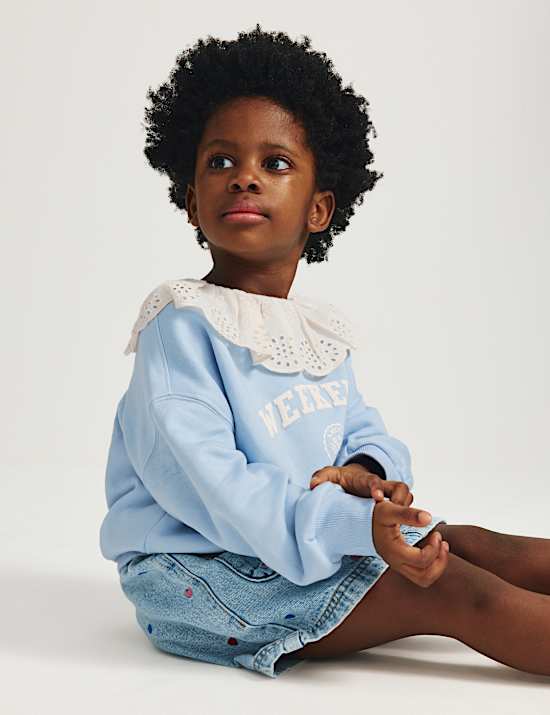Cotton Rich Broderie Collar Sweatshirt (2-8 Yrs)