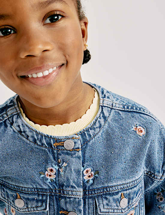 Chaqueta-camisa denim con bordado floral (2-10 a&ntilde;os)
