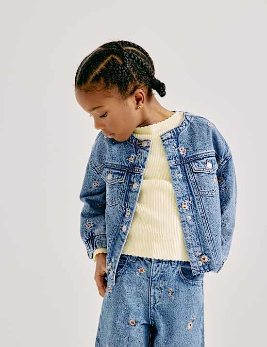 Chaqueta-camisa denim con bordado floral (2-10 a&ntilde;os)