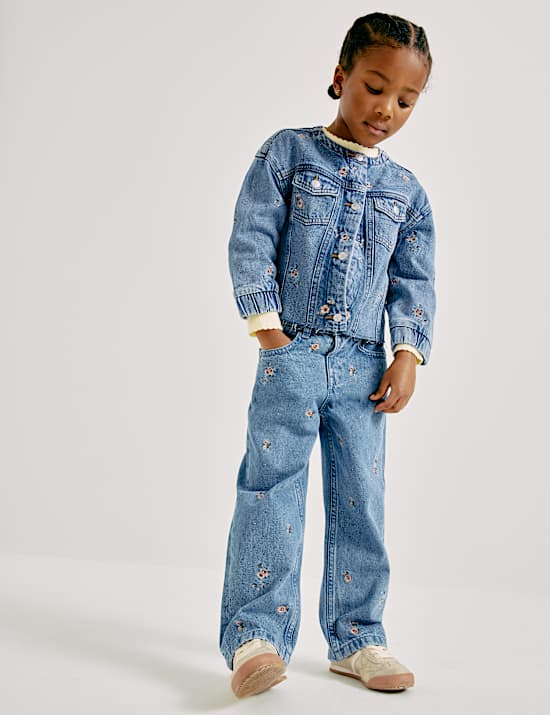 Chaqueta-camisa denim con bordado floral (2-10 a&ntilde;os)