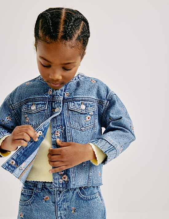 Chaqueta-camisa denim con bordado floral (2-10 a&ntilde;os)