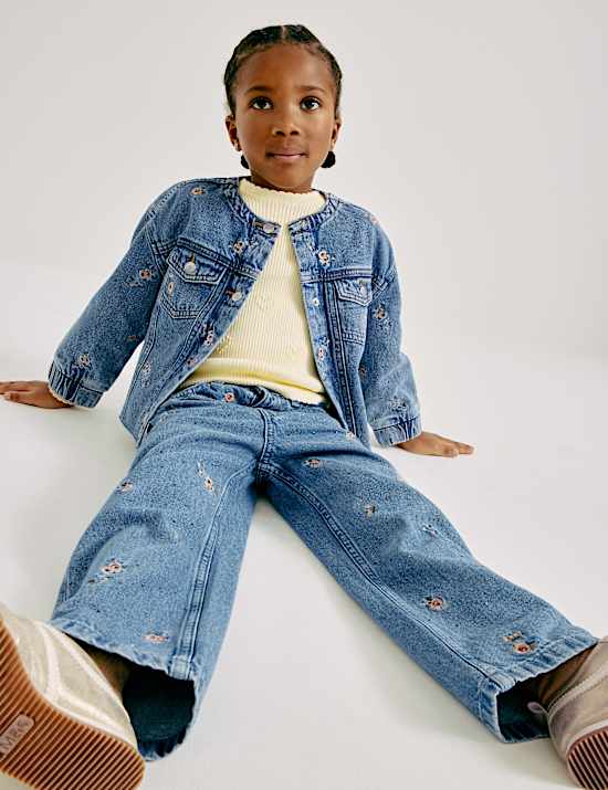 Chaqueta-camisa denim con bordado floral (2-10 a&ntilde;os)