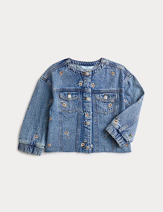 Chaqueta-camisa denim con bordado floral (2-10 a&ntilde;os)
