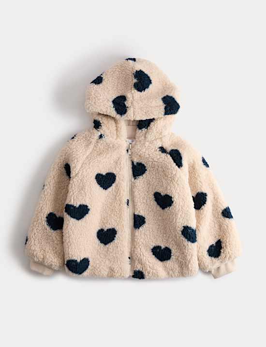 Heart Print Borg Hooded Zip Jacket (2-10 Yrs)
