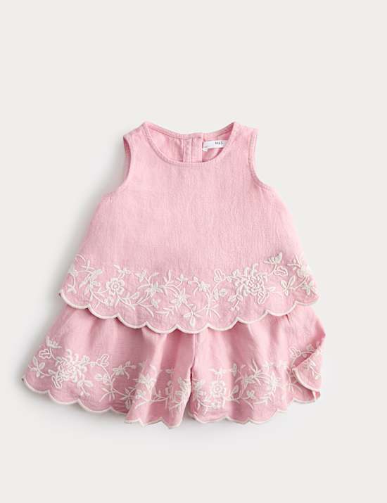 Linen Blend Embroidered Outfit (2-10 Yrs)