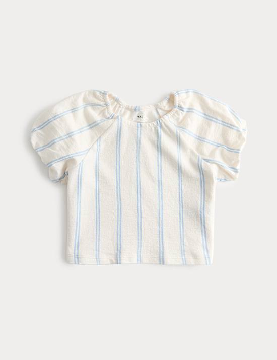 Pure Cotton Striped Puff Sleeve Top (2-8 Yrs)