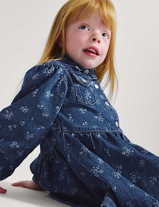 Denim jurk met bloemmotief (2-10 jaar)