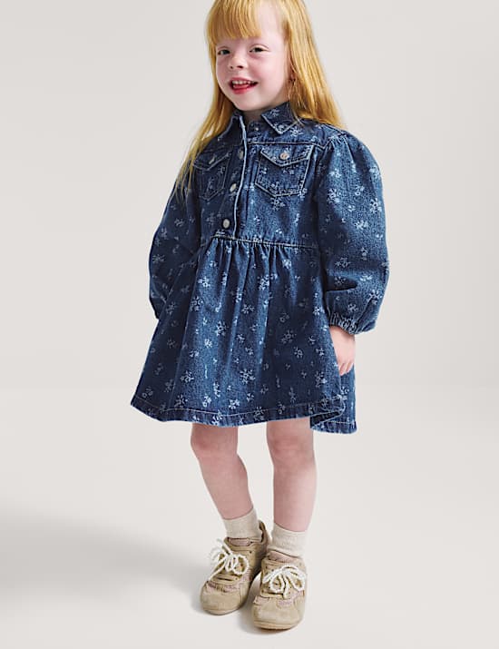 Denim jurk met bloemmotief (2-10 jaar)