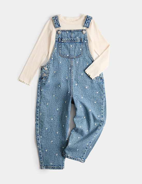 2 Piece Heart Embroidered Dungarees Outfit (2-8 Yrs)
