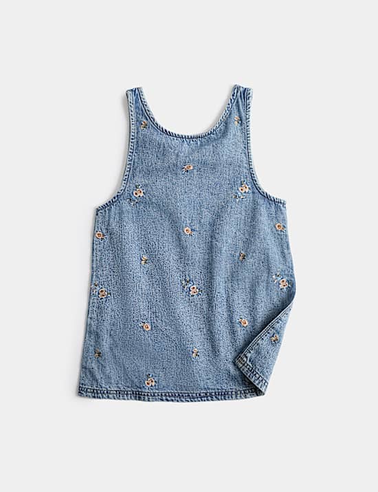 Denim Floral Embroidered Pinafore (2-8 Yrs)