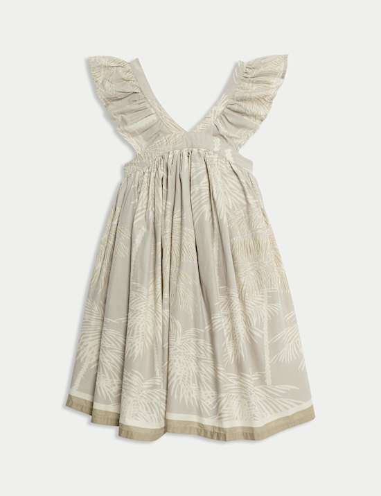 Cotton Blend Mini Me Palm Print Frill Dress (2-8 Yrs)