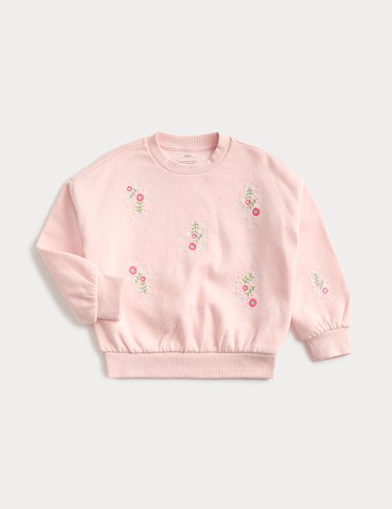 Cotton Rich Flower Embroidery Sweatshirt (2-8 Yrs)