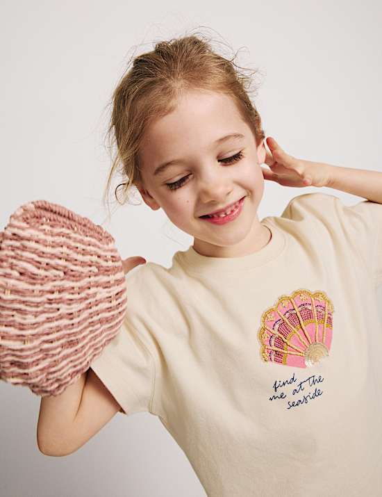 Pure Cotton Shell Embellished T-Shirt (4-8 Yrs)