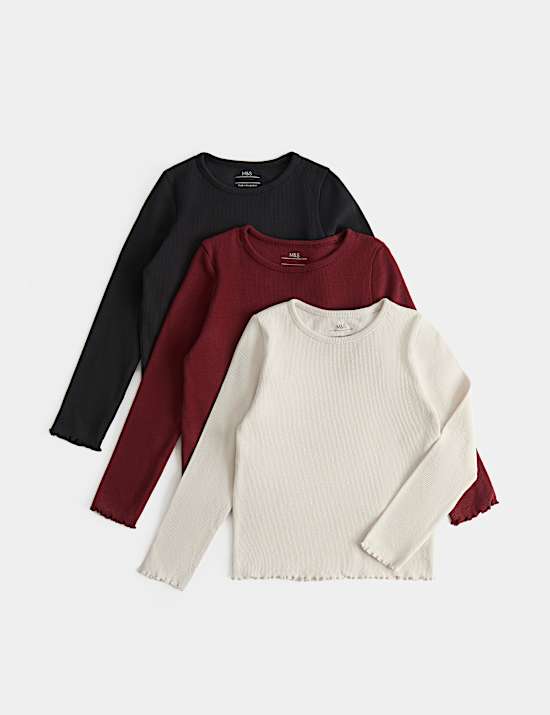 3pk Cotton Rich Ribbed Crew Neck Tops (2-8 Yrs)