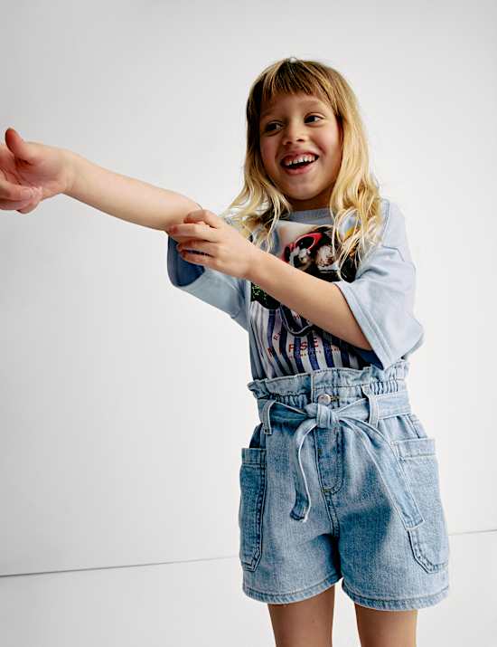 Pure Cotton Denim Paper Bag Shorts (2-8 Yrs)