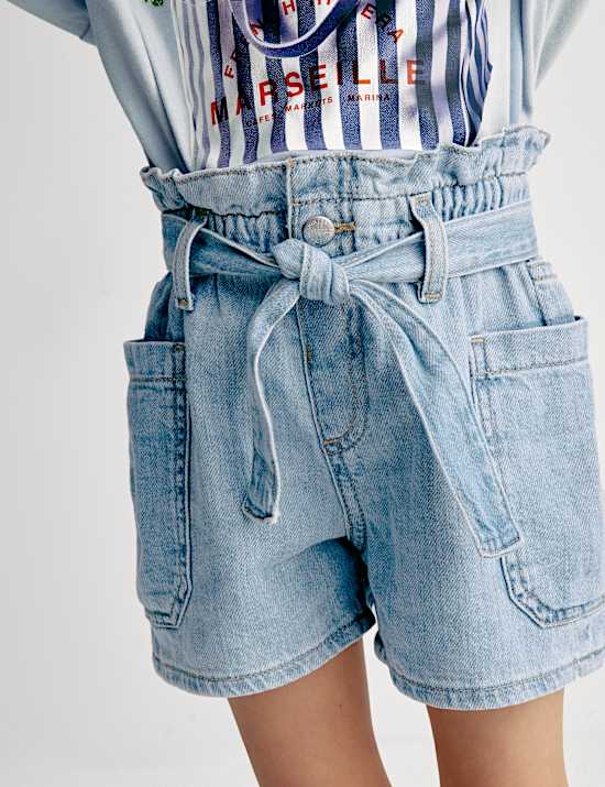 Pure Cotton Denim Paper Bag Shorts (2-8 Yrs)