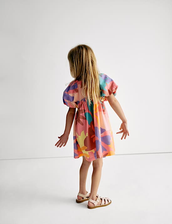 Tkana sukienka z bufiastymi rękawami i nadrukiem, mieszanka z przewagą lnu (2&ndash;8 lat)