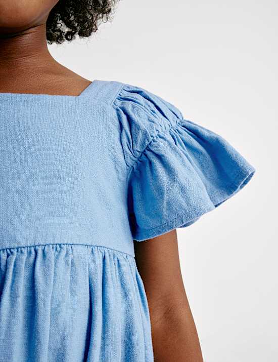 Linnenrijke, geweven jurk met volantmouwen (2-8 jaar)