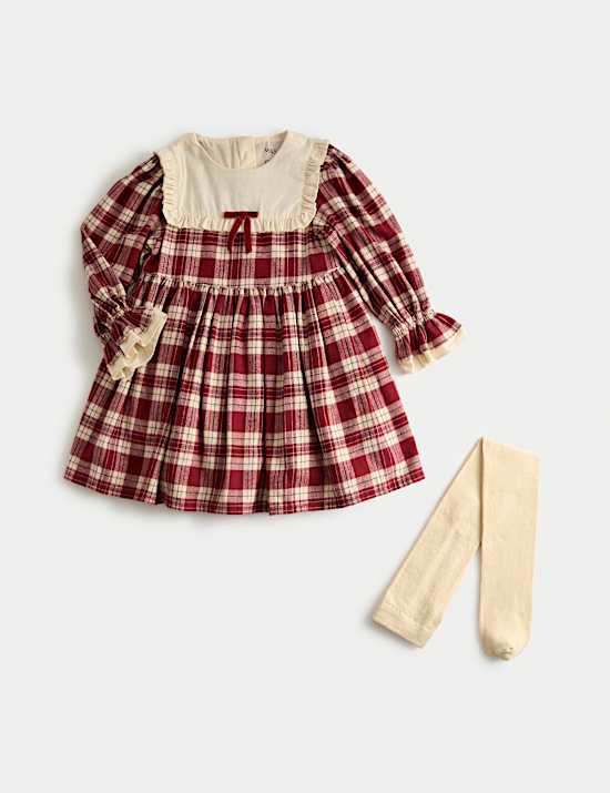 Cotton Rich Checked Party Dress & Tights Set (1-10 Yrs)