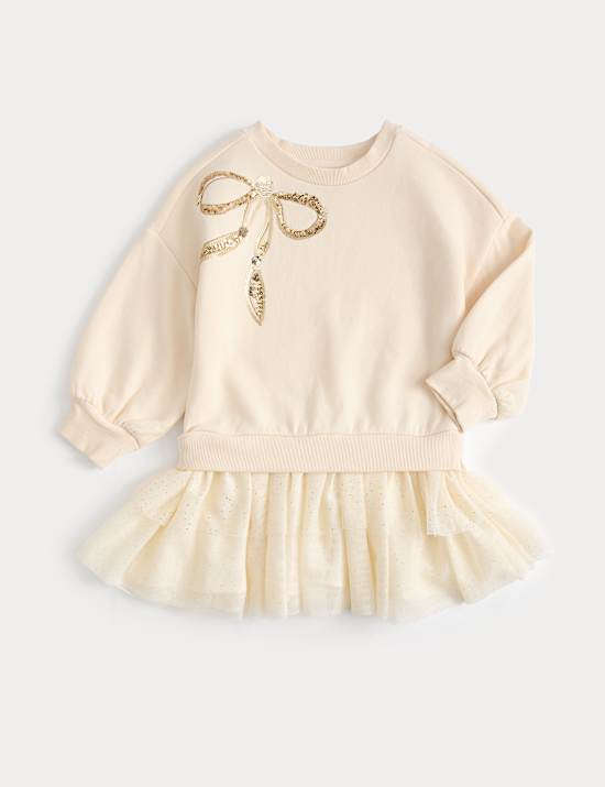 Cotton Rich Sequin Bow Tulle Sweat Dress (2-8 Years)