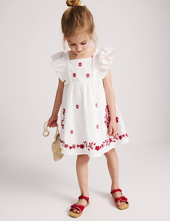 Besticktes Kleid aus reiner Baumwolle mit Puff&auml;rmeln (2&ndash;10 J.)