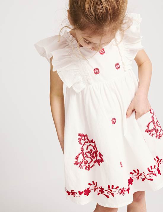 Besticktes Kleid aus reiner Baumwolle mit Puff&auml;rmeln (2&ndash;10 J.)