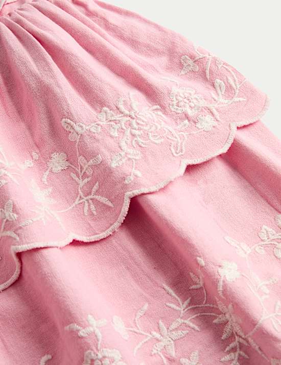 Linen Rich Floral Embroidered Frill Dress (2-10 Years)