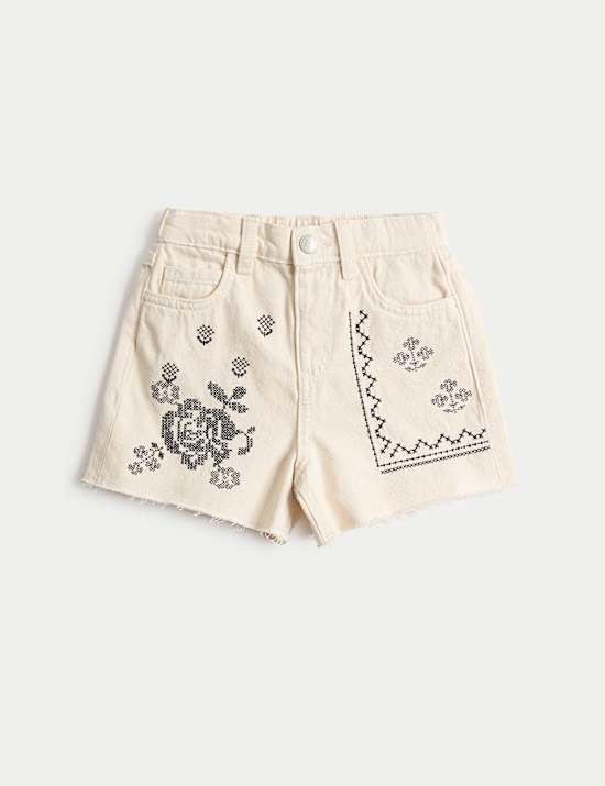 Short en jean 100 % coton &agrave; motif brod&eacute; (du 2 au 10 ans)
