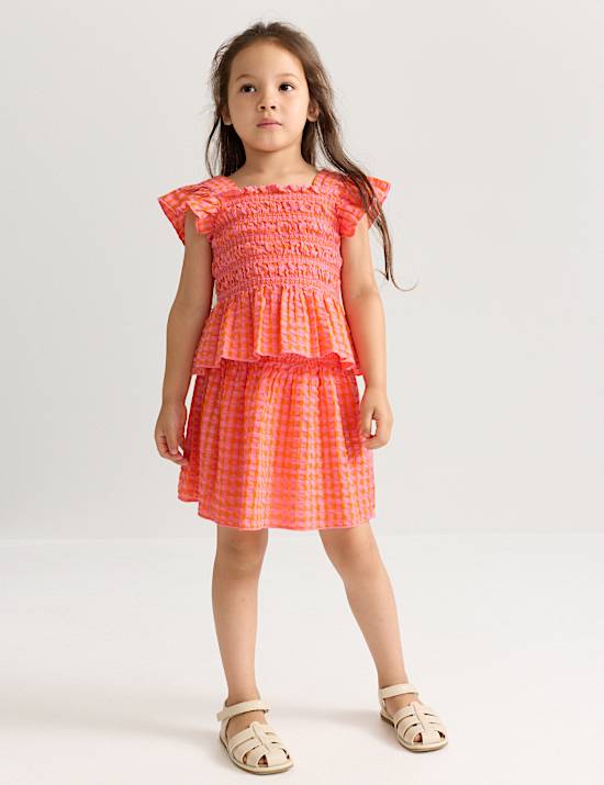 Conjunto fruncido 100 % algod&oacute;n a cuadros vichy (2-8 a&ntilde;os)