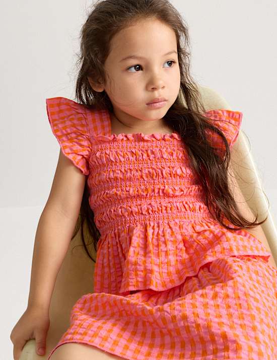 Conjunto fruncido 100 % algod&oacute;n a cuadros vichy (2-8 a&ntilde;os)