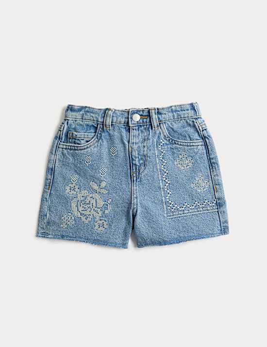 Pure Cotton Denim Embroidered Shorts (2-10 Yrs)