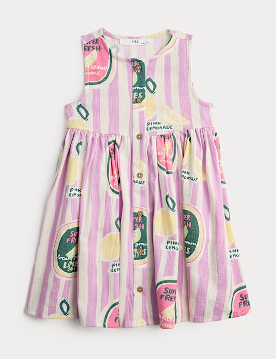 Cotton Rich Fruit Print Striped Woven Dress (2-10 Years)