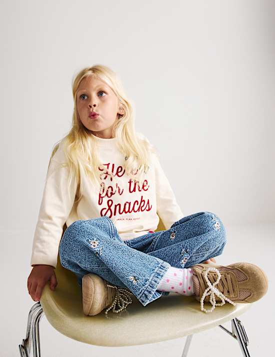 Floral Embroidered Denim Jeans (2-8 Yrs)