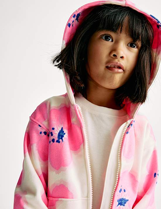 Katoenrijke hoodie met rits en hibiscusprint (2-8 jaar)