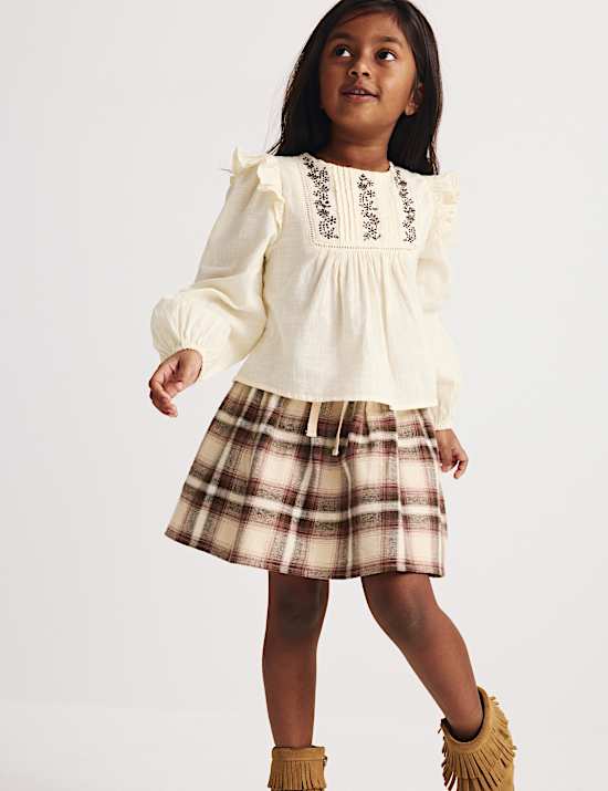 2 Potong Pakaian Rok & Blus Motif Kotak-kotak (18 Bulan - 8 Tahun)