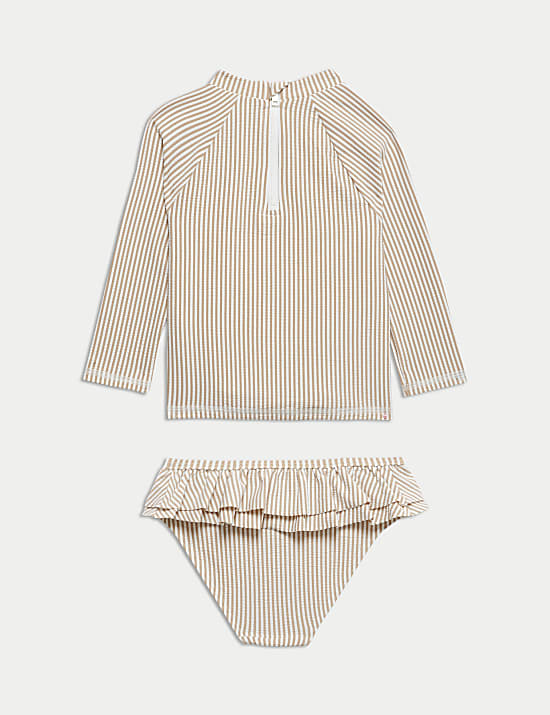 Maillot de bain 2 pi&egrave;ces &agrave; manches 3/4 &agrave; rayures et volants (du 2 au 8 ans)