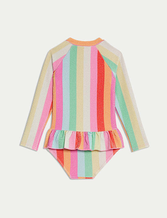 Ριγέ μαγιό με μακρύ μανίκι και βολάν (2-8 ετών)