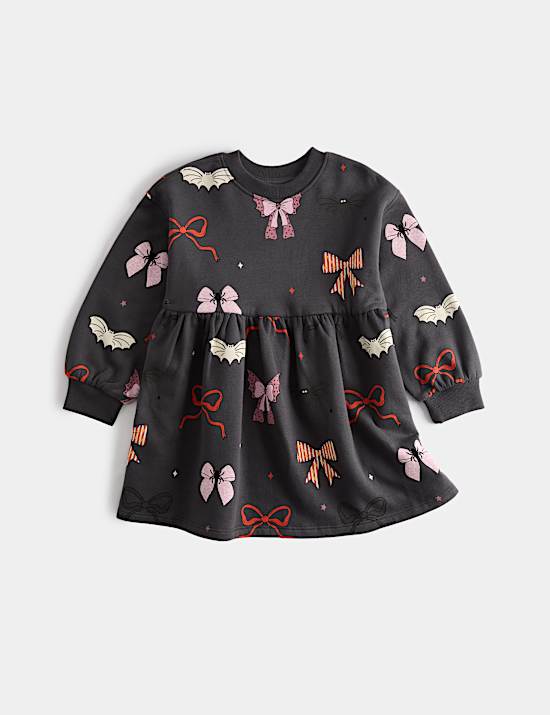 Katoenrijke jersey jurk met halloweenmotief en strik (2-8 jaar)