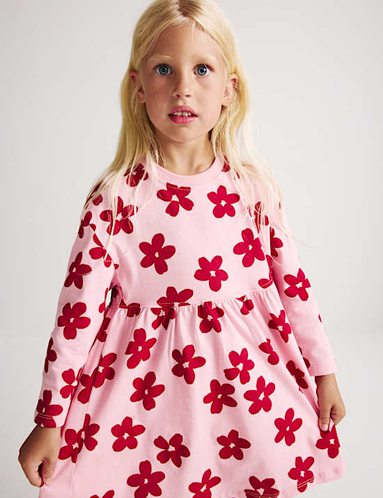 Gaun Jersey Katun Murni Motif Bunga (2-8 Thn)