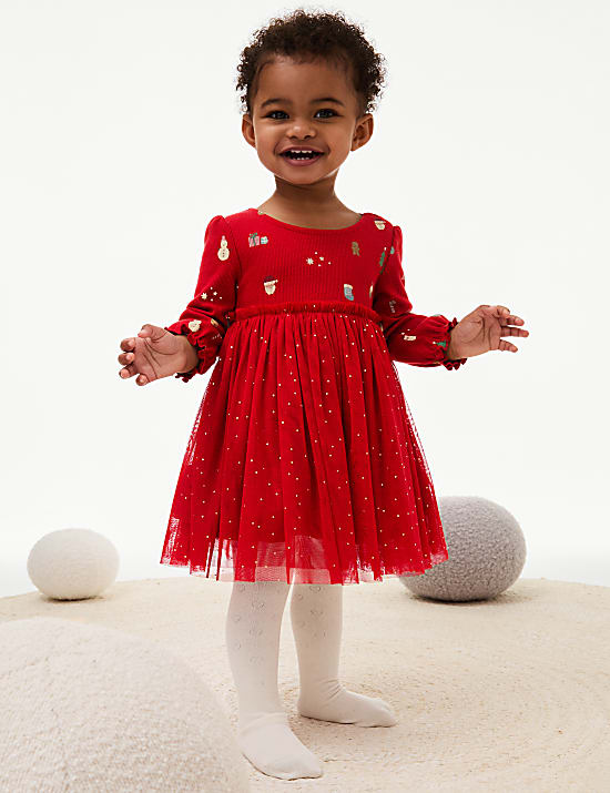 Φόρεμα με χριστουγεννιάτικο print από ζέρσεϊ και τούλι (0-8 ετών)
