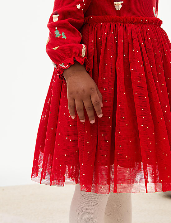 Φόρεμα με χριστουγεννιάτικο print από ζέρσεϊ και τούλι (0-8 ετών)