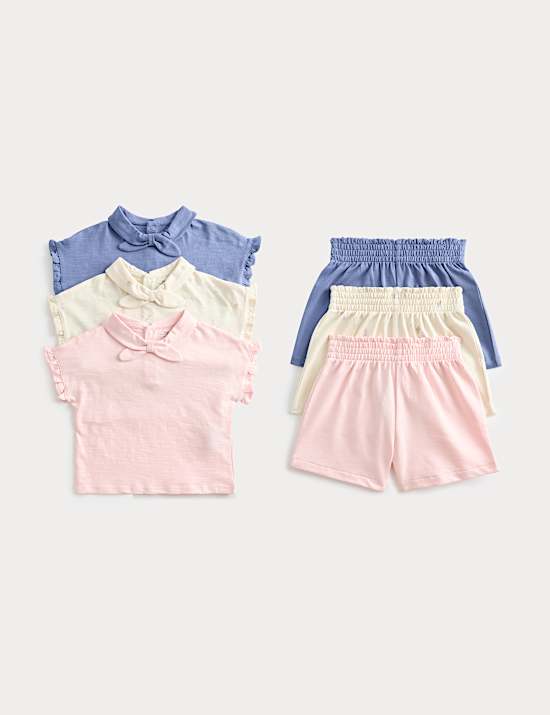 Set van 3 puur katoenen tops met striksluiting aan de hals en korte broek (0-3 jaar)