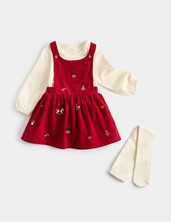 3pc Cotton Rich Embroidered Pinafore Dress