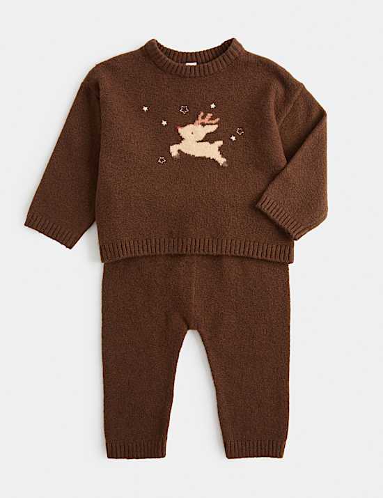 2pc Cotton Rich Knitted Reindeer Outfit (0-3 Yrs)