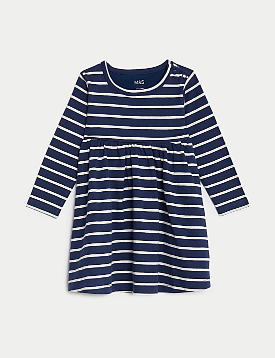 Pure Cotton Striped Dress 0 3 Yrs NAVY MIX Dresses M S GR