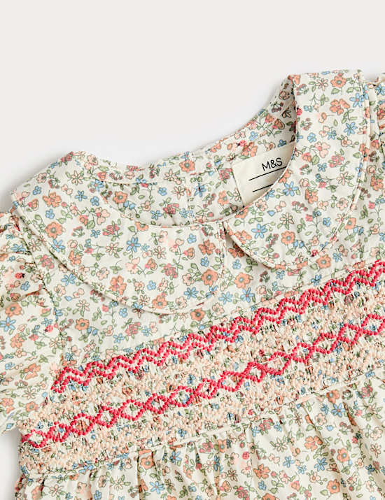 Robe 100 % coton fleuri &agrave; smocks (jusqu&rsquo;au 3 ans)