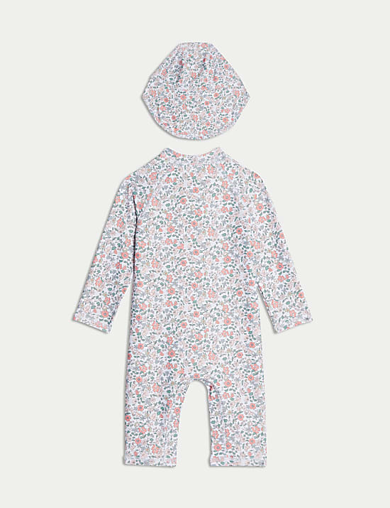 Ensemble 2&nbsp;pi&egrave;ces zipp&eacute; tout en un maillot de bain et chapeau &agrave; imprim&eacute; fleuri (jusqu&rsquo;au 3&nbsp;ans)